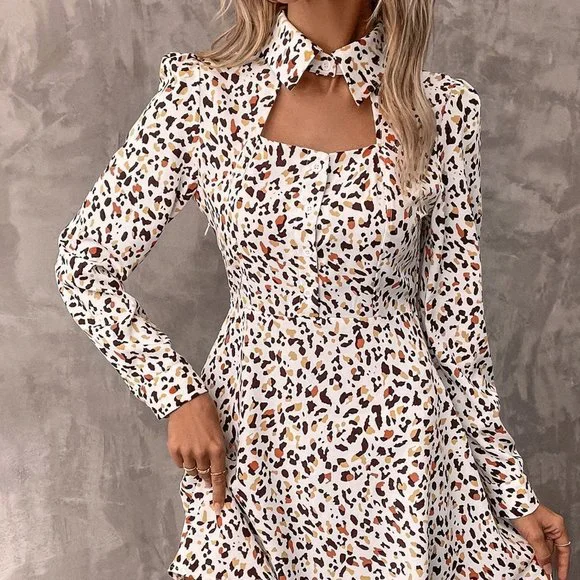 White Casual Womens Allover Print Cut Out Front Dress - Picture 4 of 5